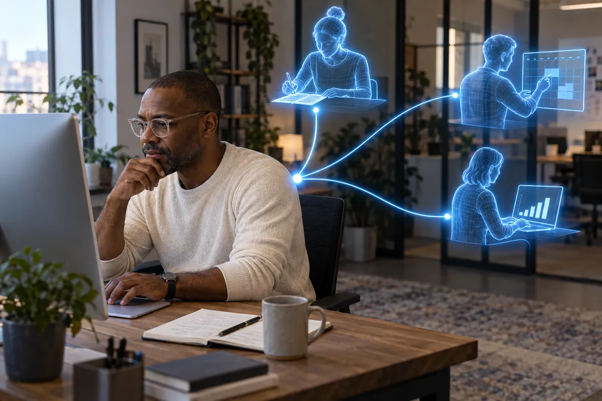 A person at a monitor directing three holographic AI employees