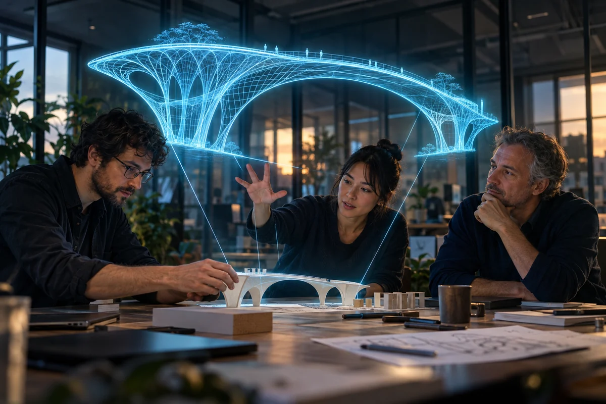 Colleagues developing a small prototype beneath a larger neon-blue bridge concept.